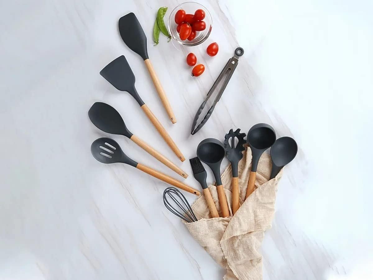 Utensílios Cozinha 12 Peças Kit Silicone Cabo de Madeira Antiaderente