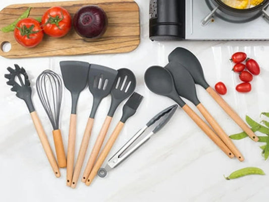 Utensílios Cozinha 12 Peças Kit Silicone Cabo de Madeira Antiaderente