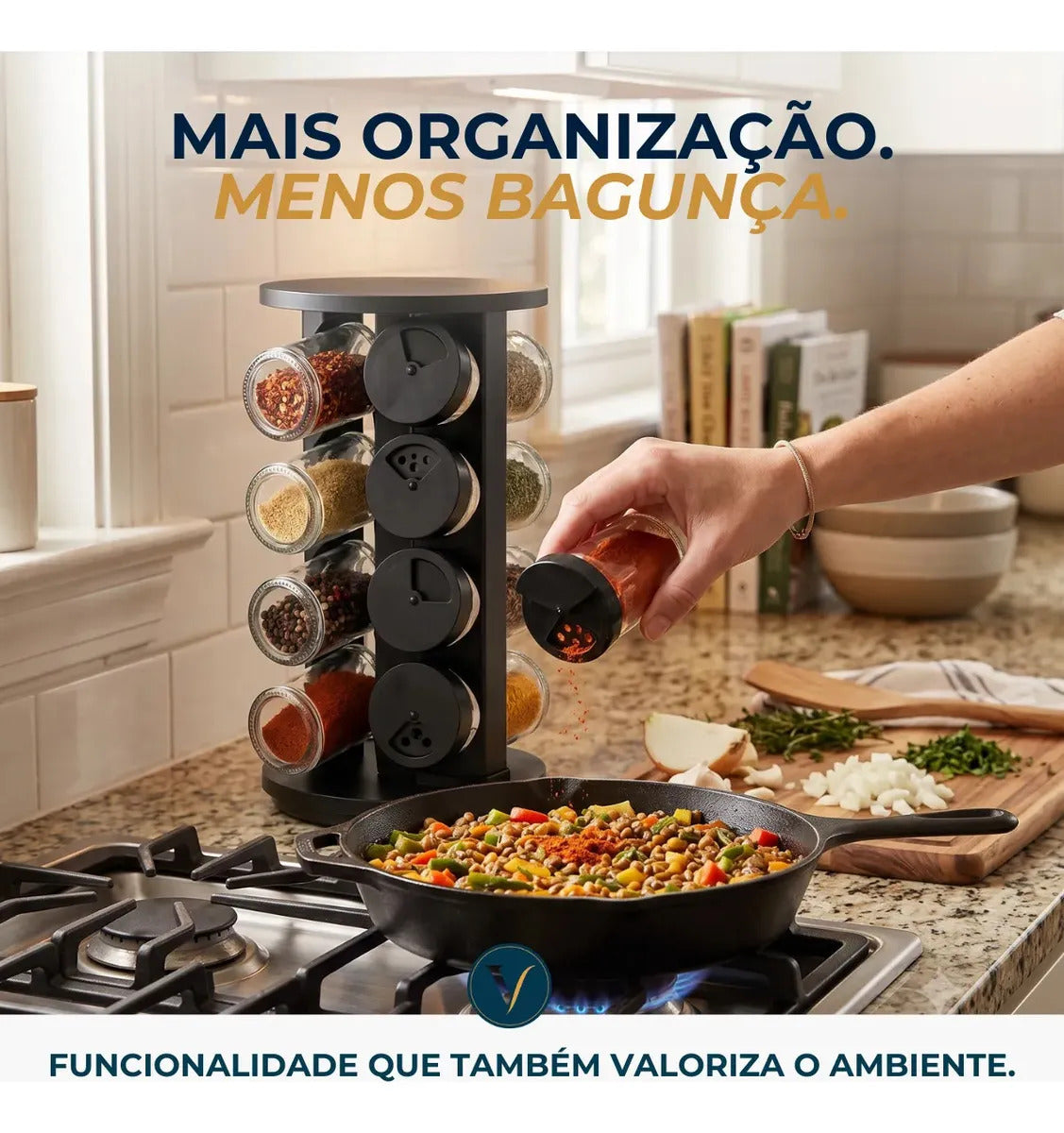 Kit Porta Condimentos 8 Potes Em Vidro Com Base Giratória