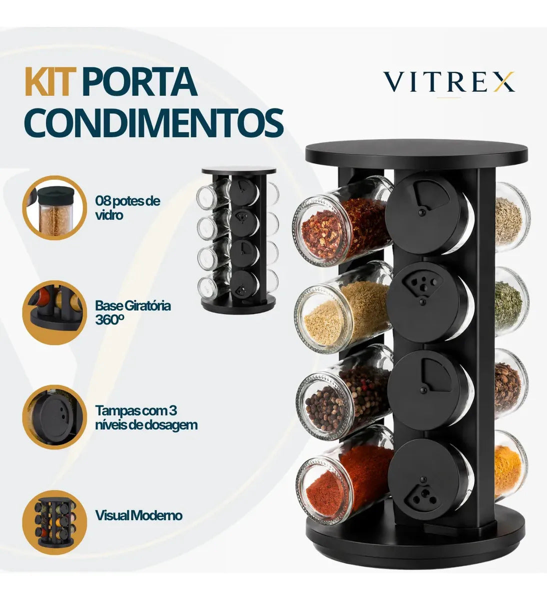 Kit Porta Condimentos 8 Potes Em Vidro Com Base Giratória