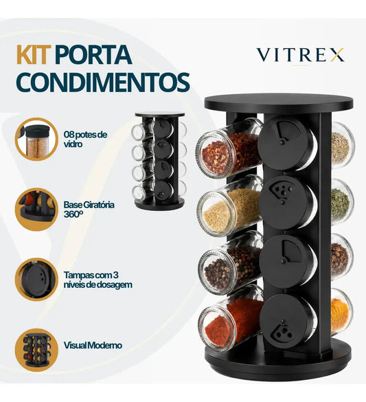 Kit Porta Condimentos 8 Potes Em Vidro Com Base Giratória