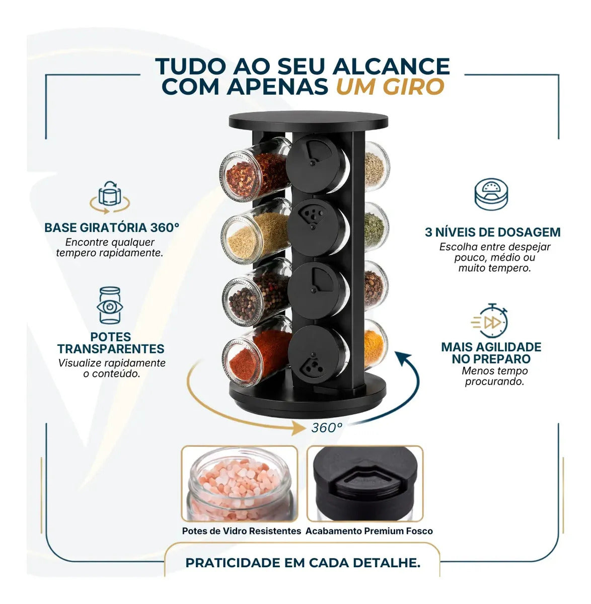 Kit Porta Condimentos 8 Potes Em Vidro Com Base Giratória